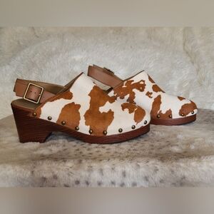 AEROSOLES Brown and White Cow Print Mules
